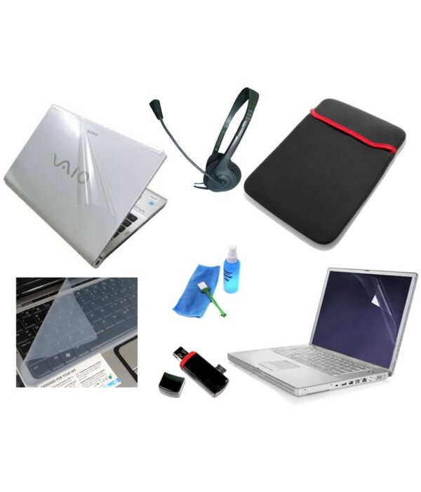 Print Shapes 7 In 1 Combo Of Laptop Skin,Screen Guard,Key Protector,Headphone With Mic,Laptop Sleeves,Card Reader And Cleaning