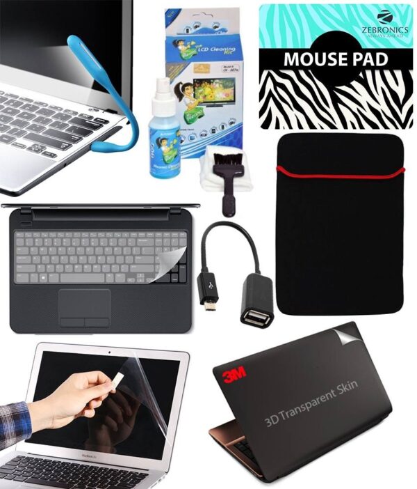 Finearts 8 In 1 Combo Of 3d Laptop Skin, Mouse Pad, Lcd Cleaning Kit, Sleeve, Screen And Key Guard, Otg And Usb Led Light