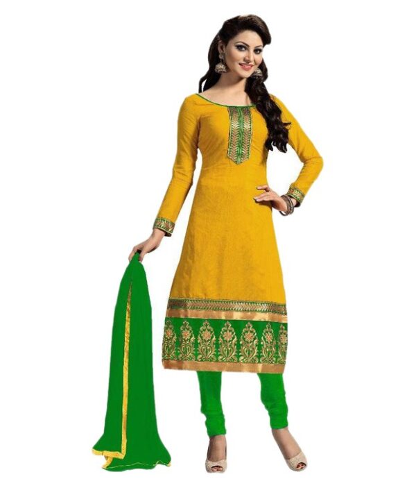 Zombom Yellow Chanderi Straight Unstitched Dress Material