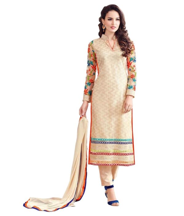 Awesome Fa Beige Net Straight Semi Stitched Dress Material