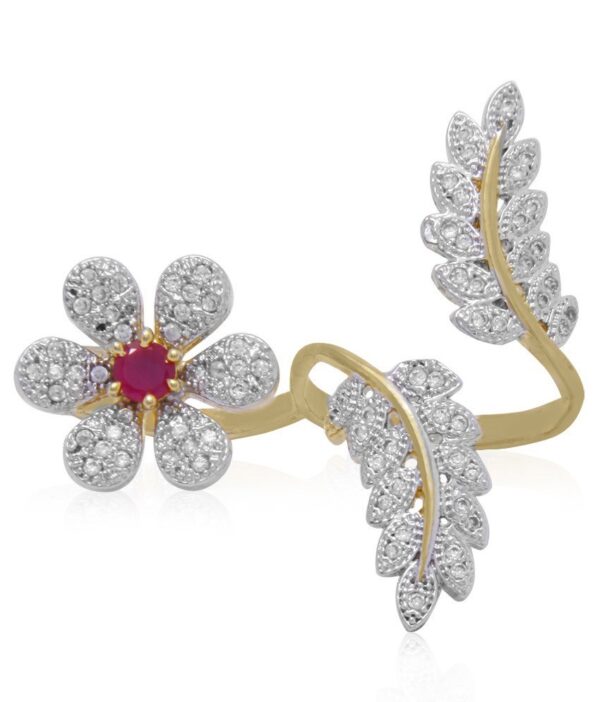 Jewels Galaxy Enchanting Flowers leaf American Diamond Double Finger Free Size Ring