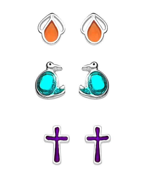 Taraash Sterling Silver Cross, Leaf And Animal Shapes Earrings - Set Of 3