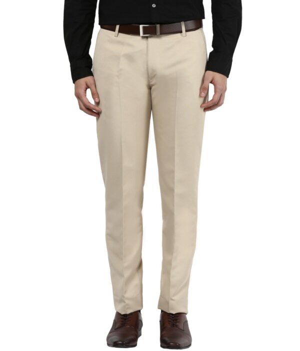 Bukkl Cream Slim Fit Flat Trousers