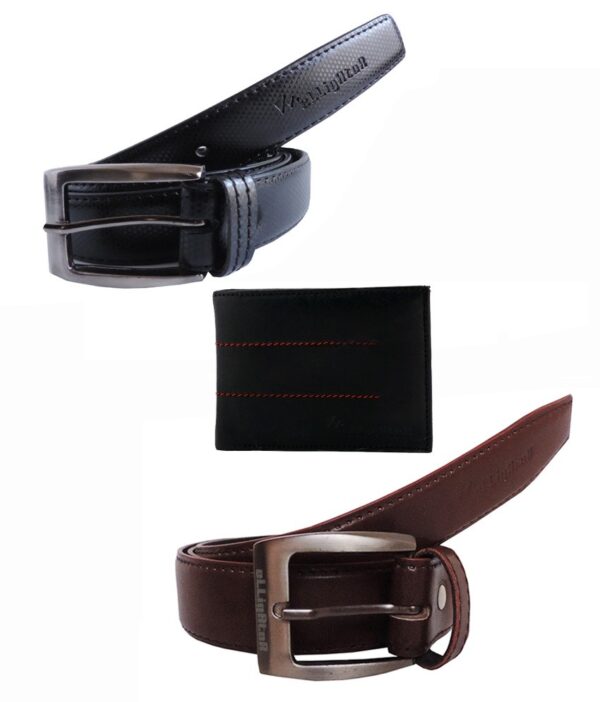 Elligator Stylish Black Self Textured & Brown Formal Belt With Wallet Combo