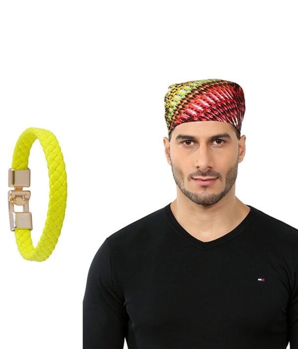 Alpha Man Combo Of Multicolor Cotton Bandana And Leather Bracelet For Men
