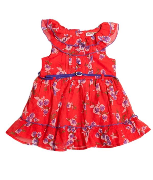 Nauti Nati Faux georgette Printed  Red Dress For Kids