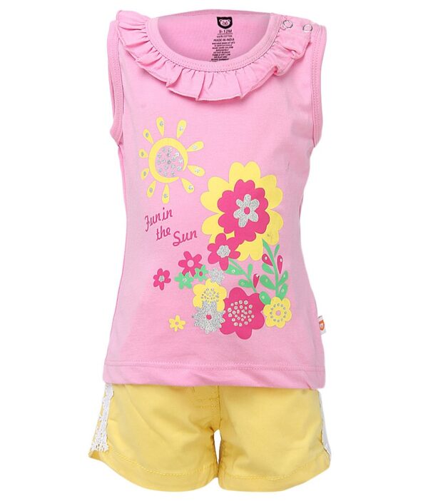 Baby League Yellow Cotton Half Sleeves Regular Top & Bottom Set