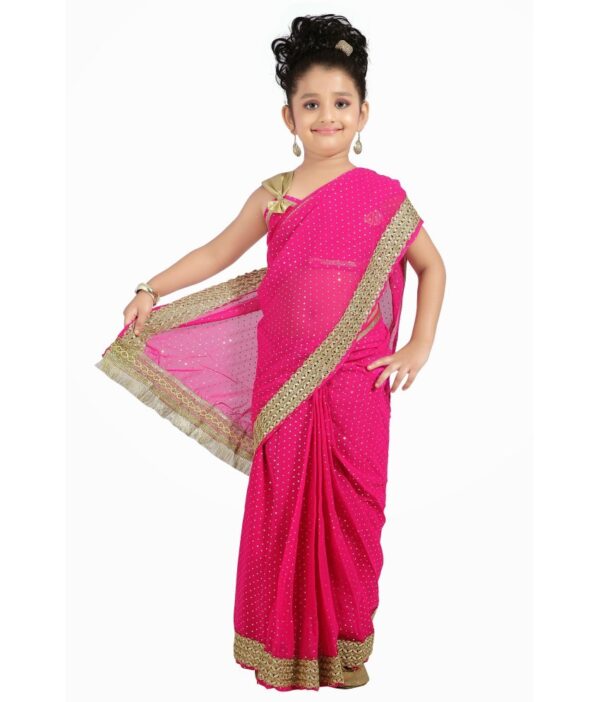 Bhartiya Paridhan Pink Viscose Ready To Wear Pink Saree For Girls