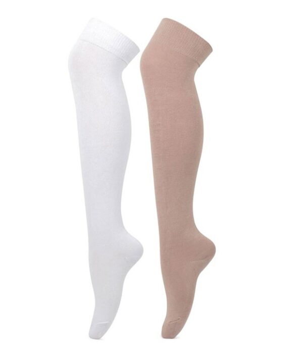 Bonjour White and Beige Knee Length Cotton Socks - 2 Pair Pack
