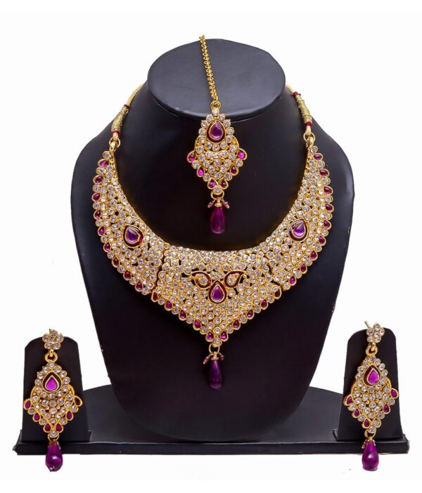 Manukunj Gold Plated Kundan Necklace Set With Matching Maang Tikka - Purple